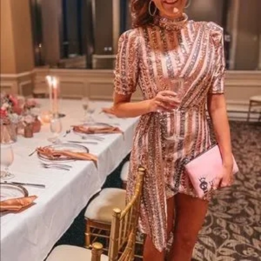 Karlie Sequin Sparkle Striped Mini Dress Pink Rose Gold Silver Women’s Size S